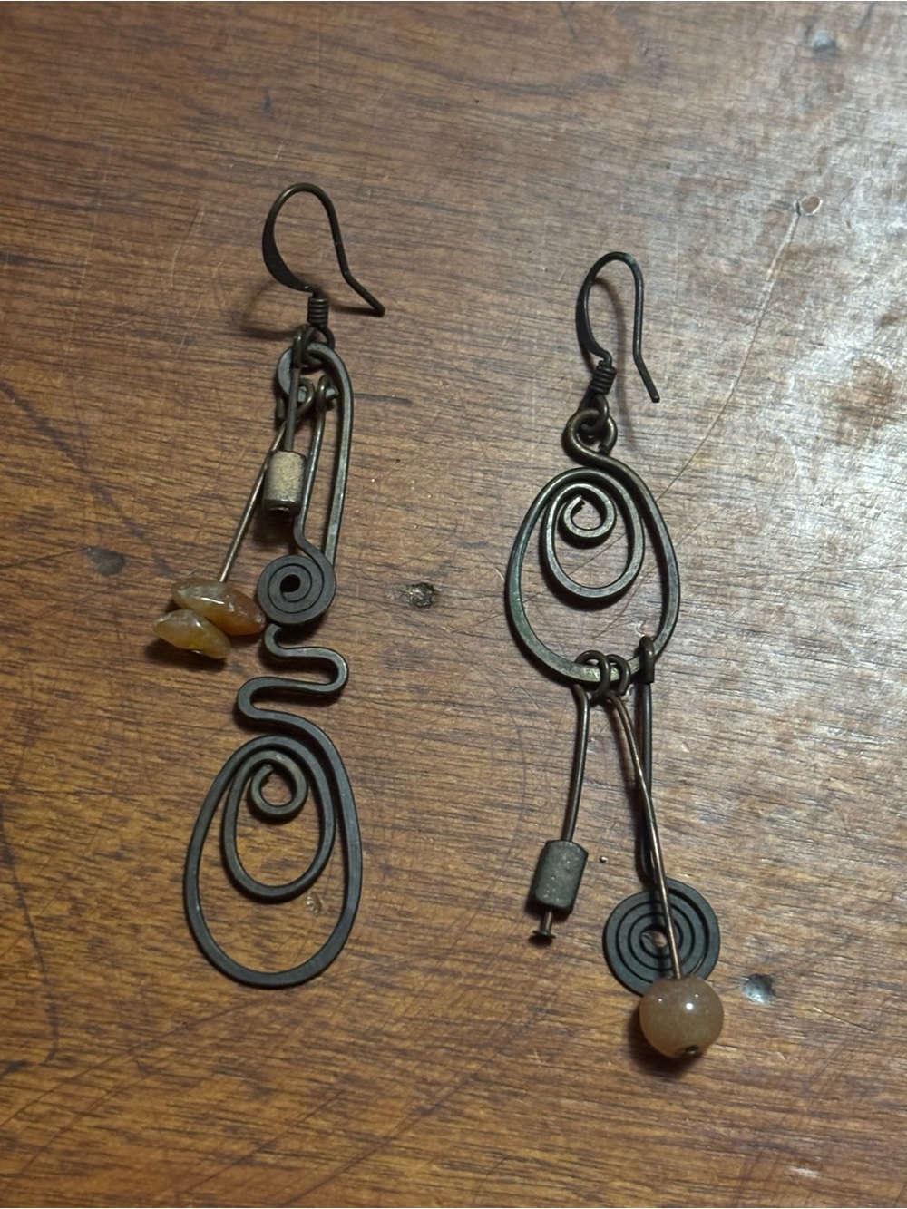 Handmade artisan Wire wrap Swirl Dangle Earrings with Beads vintage mismatch set